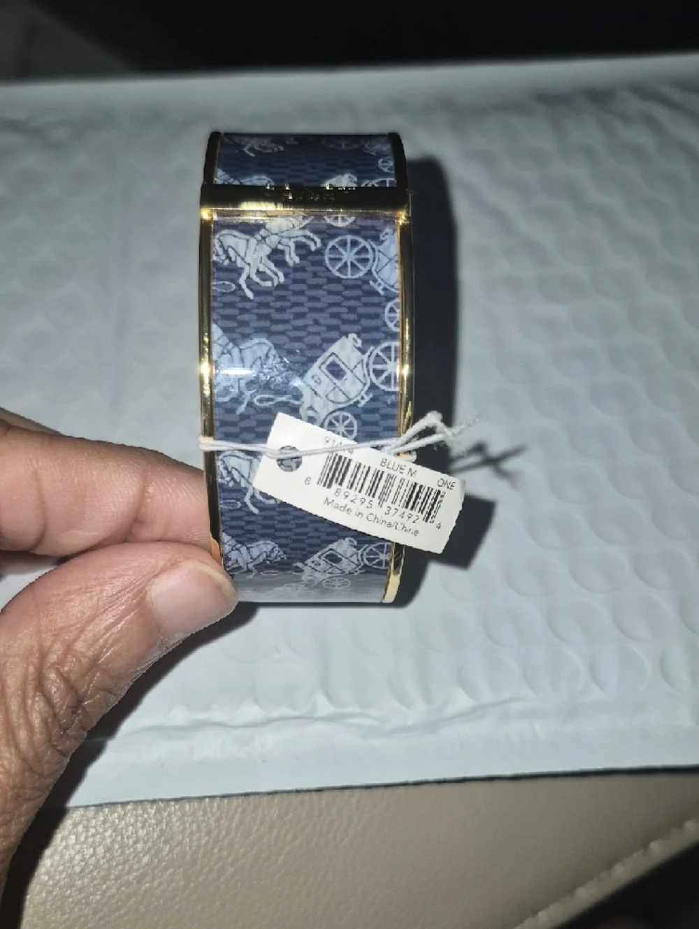 Coach Gold-Tone Bangle with Blue Signature Carriage Pattern - Picture 4 of 4